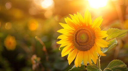 Fototapeta premium Full shot of a vibrant yellow sunflower (Helianthus annuus), striking golden petals surrounding a dark center, classic summer bloom