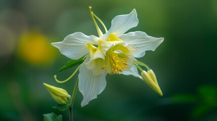 Obraz premium Full shot of a white and yellow columbine (Aquilegia canadensis), delicate spurred petals in soft natural light
