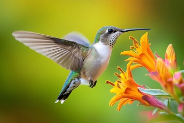 Naklejka premium Hummingbird flying and drinking nectar from orange flower