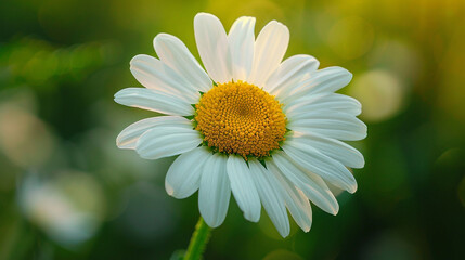 Fototapeta premium Full shot of a white wild daisy (Leucanthemum vulgare), radiant floral bloom with classic yellow center