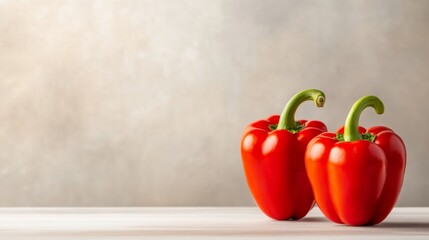 Fresh red bell peppers on a wooden surface