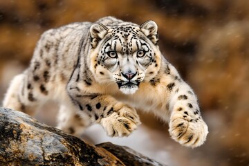 Fototapeta premium Snow leopard jumping from rock in snowy mountain habitat