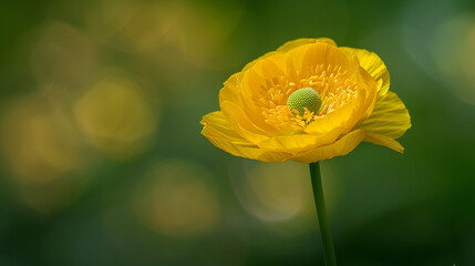 Full shot of a bright yellow buttercup (Ranunculus acris), delicate petals shining under natural light