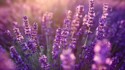 Full-frame shot of a purple lavender field (Lavandula angustifolia), aromatic blossoms stretching towards the horizon