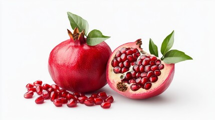 Fresh pomegranate with seeds and leaves on white background