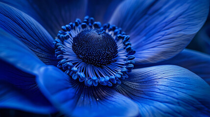 Hyper-detailed macro shot of a royal blue anemone flower, vibrant petals with a dark contrasting center