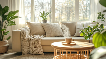 Warm and Inviting Modern Interior with Plants and Coffee Cup