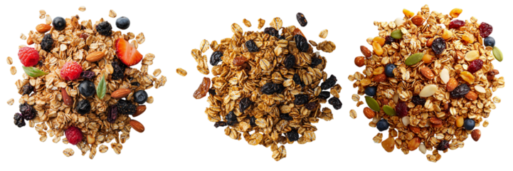 Three clusters of granola with various fruits and nuts showcasing texture and color diversity. isolated on white background and transparent background