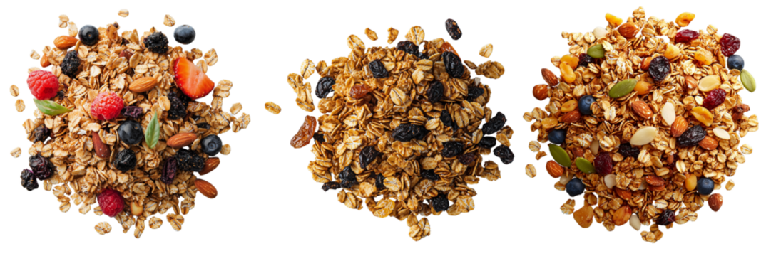 Three clusters of granola with various fruits and nuts showcasing texture and color diversity. isolated on white background and transparent background