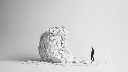 A wave of office paper symbolizes bureaucracy and swallows a businessman. Bureaucracy dismantle - danger concept.