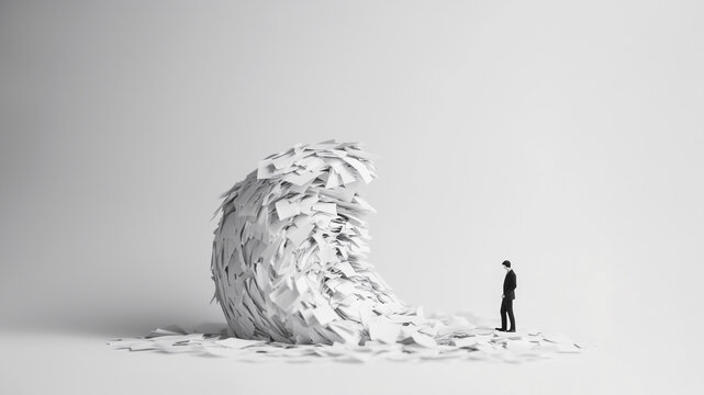 A wave of office paper symbolizes bureaucracy and swallows a businessman. Bureaucracy dismantle - danger concept.