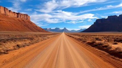 Dirt Road Leading Through Red Rock Canyon Under Blue Sky in Utah Desert