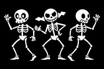 cartoon dancing skeleton set line art silhouette vector illustration