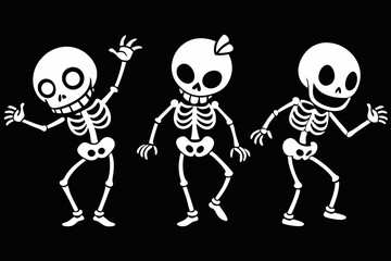 cartoon dancing skeleton set line art silhouette vector illustration