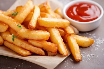 French fries with ketchup and thyme on baking paper