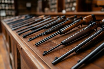 Hunting rifles displayed on wooden counter in gun shop
