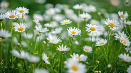 Fototapeta premium Wide shot of a European meadow filled with white daisies, delicate petals swaying in the breeze