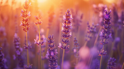 Fototapeta premium Wide shot of a field of wild lavender, aromatic purple spikes blooming in the countryside