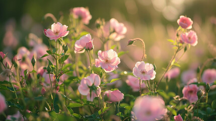 Wide shot of a meadow filled with pink wild roses, delicate blossoms scattered across green fields