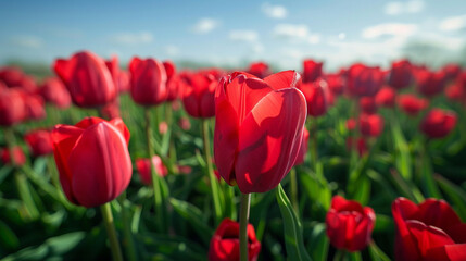 Fototapeta premium Wide shot of a rich red tulip field, vibrant petals glowing under soft sunlight