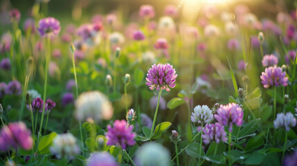 Fototapeta premium Wide-angle shot of a European wildflower field, diverse floral species thriving in nature