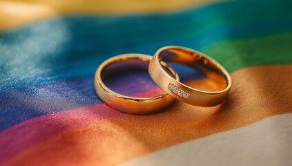Two gold wedding bands on a rainbow flag