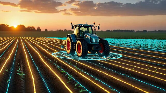 Modern Smart Farming Tractor with Autonomous GPS Technology Operating on Precision Agriculture Field at Sunset

