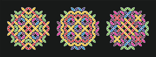 Set of colorful pulli kolam. Indian home decor patterns
