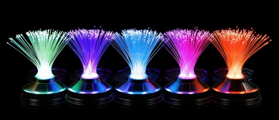 Five fiber optic lamps with glowing tops in varying colors