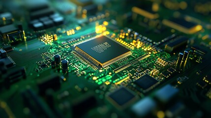 High-tech circuit board background, abstract digital technology presentations Close-up of a glowing microchip circuit board.
