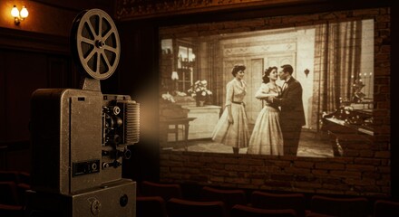 Sepia-Toned Movie Scene Projected on Brick Wall