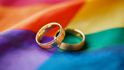 Two gold wedding rings resting on a rainbow flag
