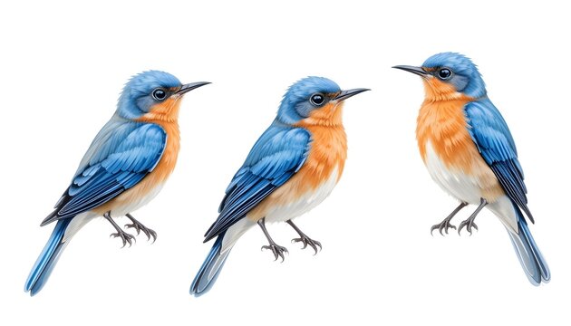 Set of blue birds isolated with orange feathers, watercolor hand painted songbird, wildlife nature clip art, bird painting.

