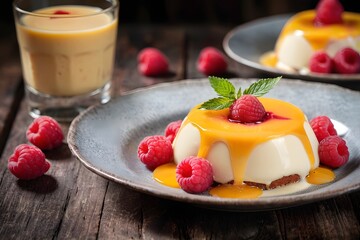 Pudding with peach and raspberry on wooden table with copy space