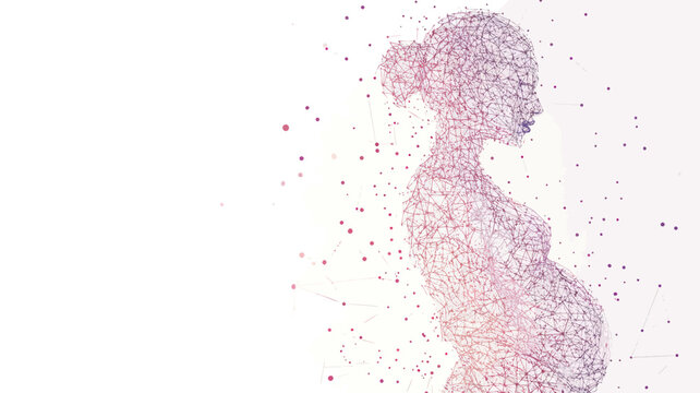 Abstract Pregnant Woman with Embryo Side View Vector Low Poly Wireframe Illustration on White Background - Pregnancy Medical Concept with Connected Dots and Triangle Shapes in Minimalist SVG Style