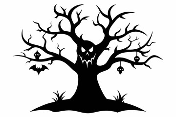 halloween tree line art silhouette vector illustration