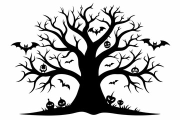 halloween tree line art silhouette vector illustration