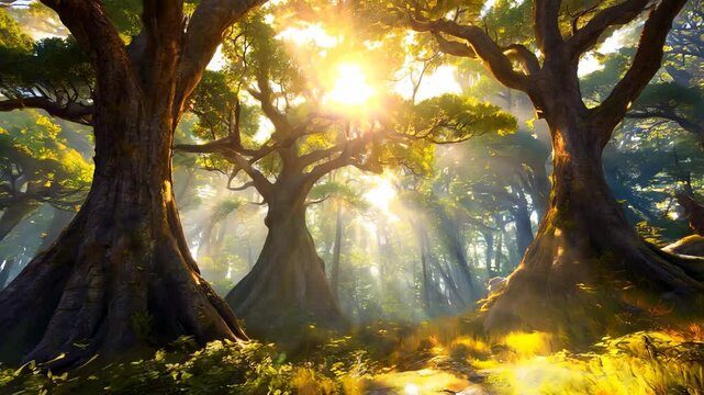 Golden sunlight filters through a dense canopy of ancient trees, creating a magical atmosphere in a vibrant green forest.