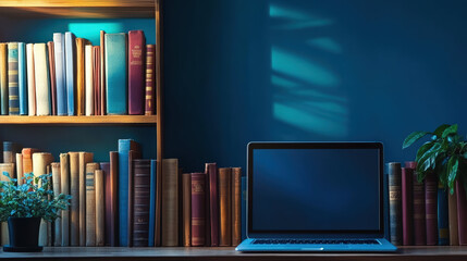 sleek laptop sits open wooden desk, illuminated by soft blue background, beside collection of diverse books. This scene symbolizes fusion of technology and knowledge, ready for exploration and