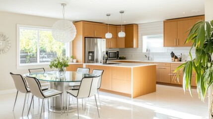 Fototapeta premium Bright, modern kitchen with dining area. Open concept, light-filled space
