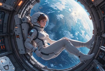 Female Astronaut Gazing at Earth from Spacecraft Window Stunning Space Exploration Illustration