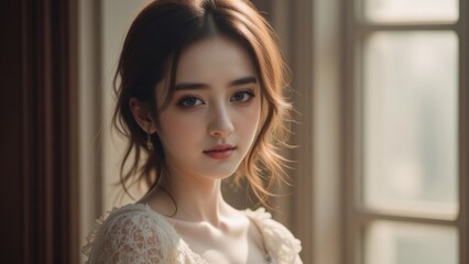 Elegant Asian Woman with Soft Lighting and Classic Dress by Window: Beauty, Portrait, Fashion, Indoors, Serene, Calm, Model