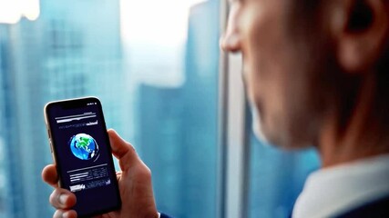 Business executive using smartphone with global finance app, corporate professional analyzing digital data on mobile screen in modern office high rise, technology innovation, communication, investment - Powered by Adobe