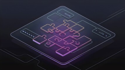 Glowing neon puzzle pieces connecting on a futuristic dark interface