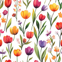 Watercolor floral pattern tile featuring flowers tulips and leaves traditional hand painted whimsical seamless print with an abstract batik design. Floral. Illustration