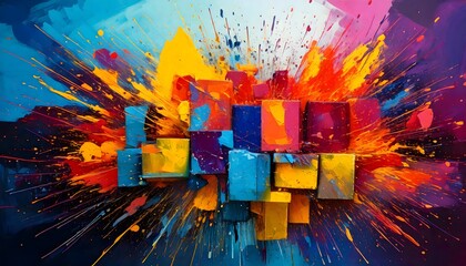 A modern Holi background featuring geometric shapes with overlapping paint splashes and a vibrant color palette.