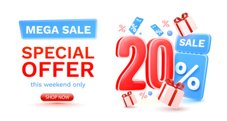 20 percent Special offer mega sale, Check and gift box. Sale banner and poster. Vector