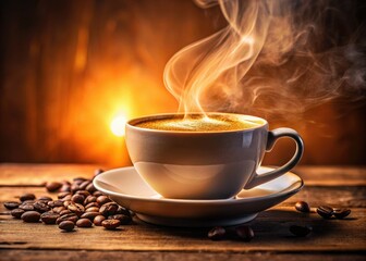 Steaming porcelain cup, rich aroma; exquisite coffee photography captures the perfect brew.