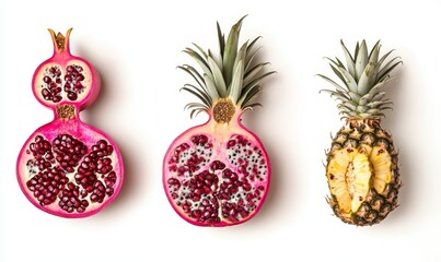 collection of organic natural full sliced passion, banana punch and nectarine peach fruit isolated on a white png background with shadows, for online menu shopping list ready for any background