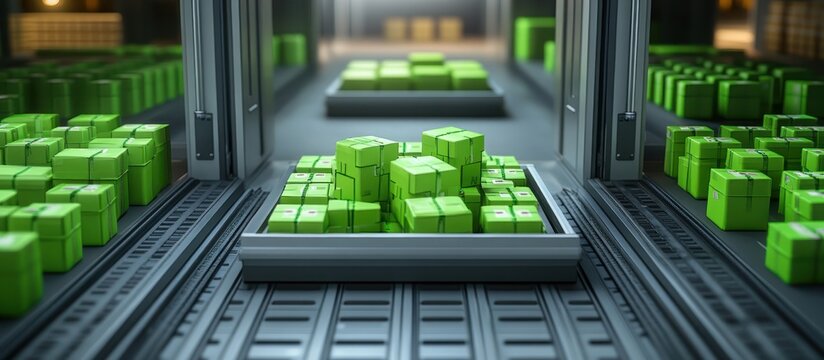 Green packages are placed on a warehouse conveyor system